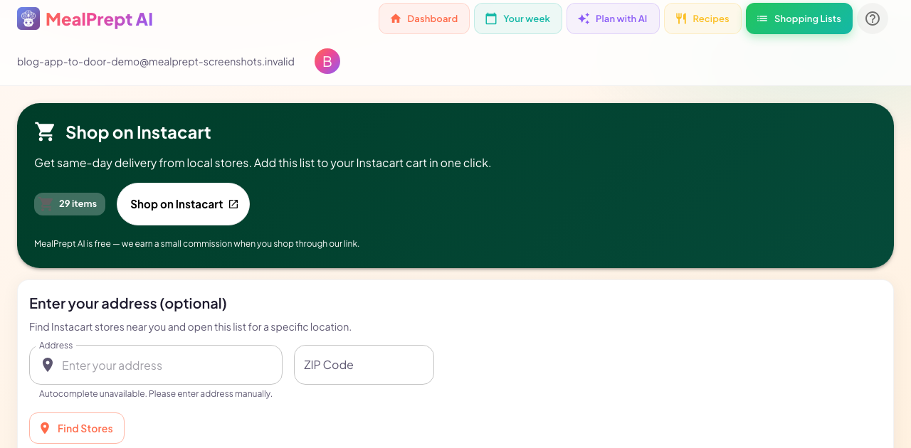 MealPrept AI meal plan flowing to Instacart grocery delivery — App to Door