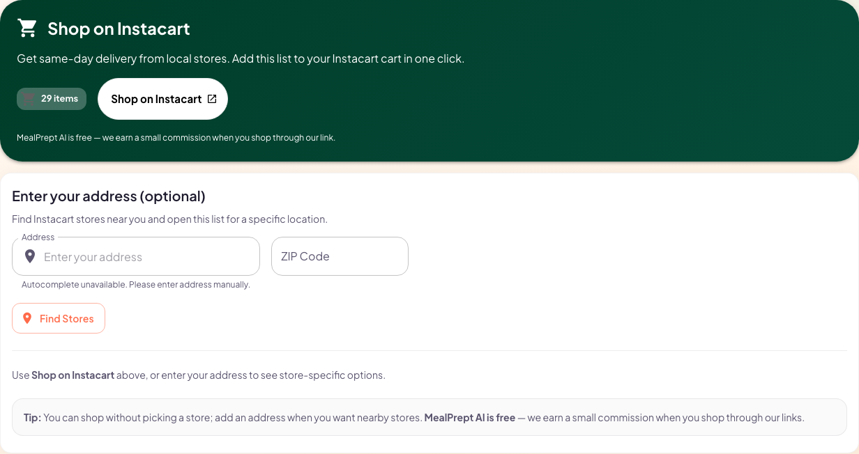Shop on Instacart button on a MealPrept AI shopping list