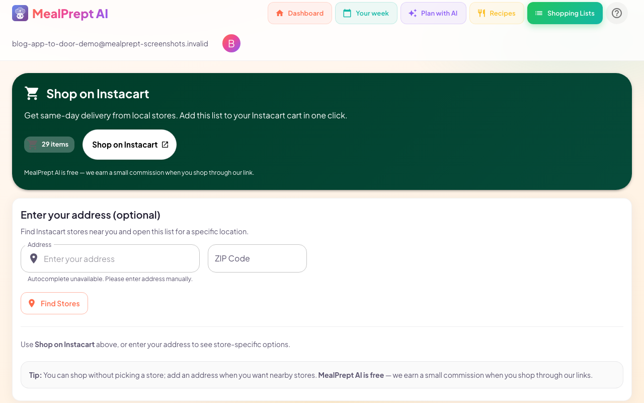 Consolidated MealPrept AI shopping list with store-friendly quantities